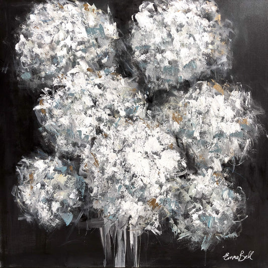 White Hydrangeas on black 36x36