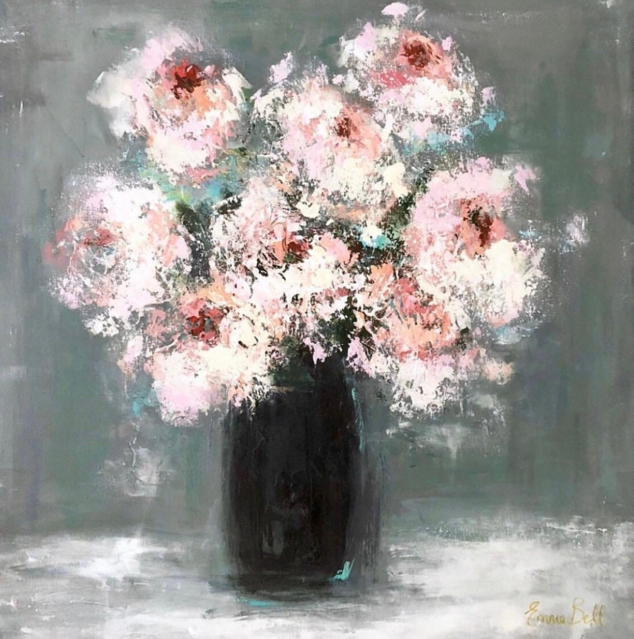White Peonies in a Black Vase