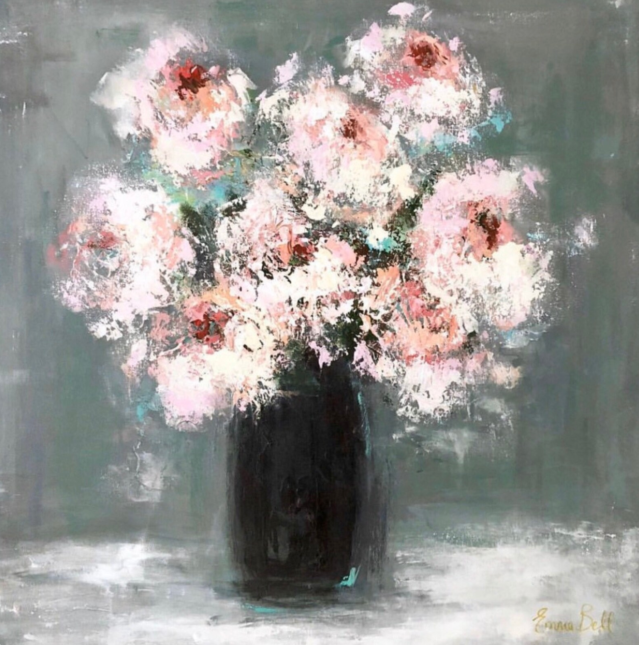 Peonies in a Black Vase