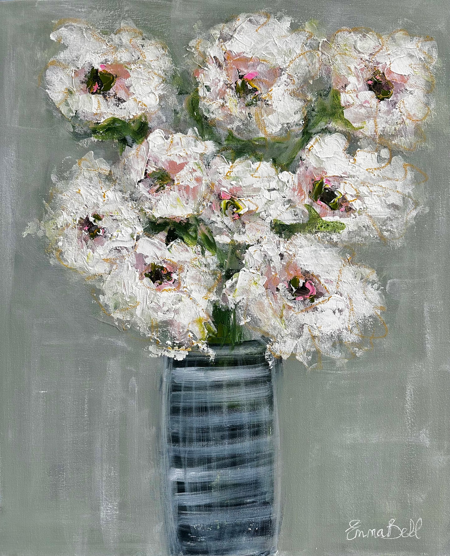 White Peonies in a Striped Vase